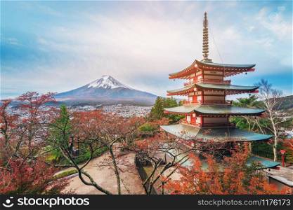 Mount Fuji and Chureito Pagoda at sunrise in autumn, Japan. The Pagoda is in Arakura Sengen Shrine where tourist can see Mt Fuji from panoramic view, one of the most famous view of Fuji Mountain.. Mount Fuji, Chureito Pagoda in Autumn