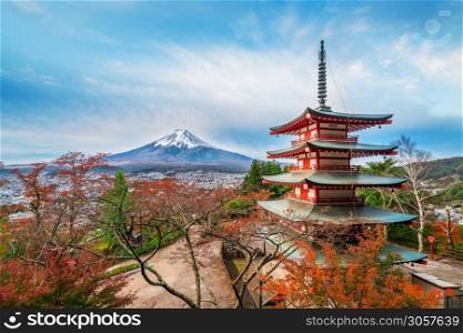 Mount Fuji and Chureito Pagoda at sunrise in autumn, Japan. The Pagoda is in Arakura Sengen Shrine where tourist can see Mt Fuji from panoramic view, one of the most famous view of Fuji Mountain.. Mount Fuji, Chureito Pagoda in Autumn