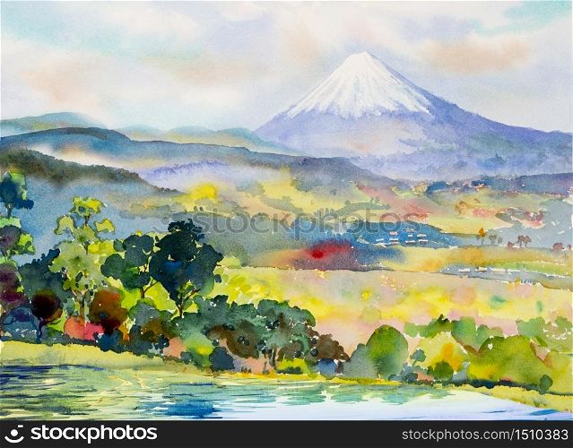 Mount Fuji and Lake, Mountain range in Japan spring season. Watercolor painting landscape illustration. Popular famous landmark in the Asia