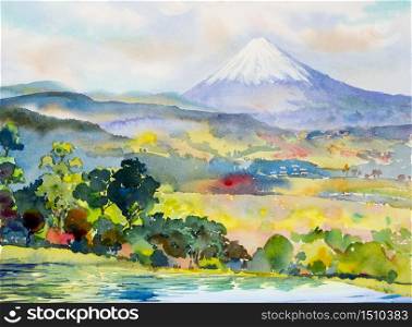 Mount Fuji and Lake, Mountain range in Japan spring season. Watercolor painting landscape illustration. Popular famous landmark in the Asia