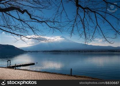 Mount Fuji in the morning with reflection on the lake kawaguchiko