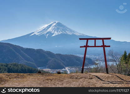 Mount Fuji with Torii gate of Asama Shrine in Kawaguchiko, Japan.