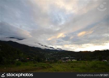 Mount Kinabalu during sunrise. Kinabalu is the highest peak in Borneo's Crocker Range and is the highest mountain in the Malay Archipelago
