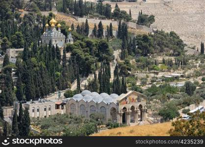 Mount of Olives, Church of All Nations and Church of Mary Magdalene, view from the walls of Jerusalem.