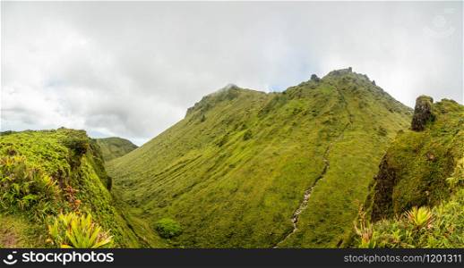 Mount Pelee green volcano cone crater panorama, Martinique, French overseas department