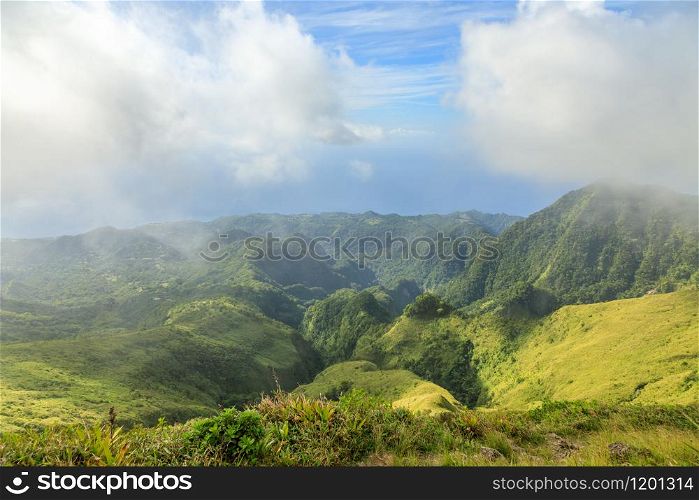Mount Pelee green volcano hillside panorama, Martinique, French overseas department