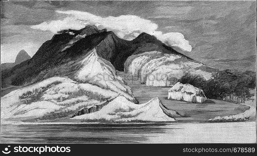 Mount Pelee on the island of Martinique before the eruption of May 1902, vintage engraved illustration. From the Universe and Humanity, 1910.