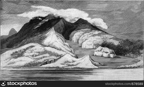 Mount Pelee on the island of Martinique before the eruption of May 1902, vintage engraved illustration. From the Universe and Humanity, 1910.