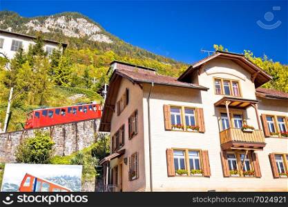 Mount Pilatus worlds steepest cogwheel railway starting station in Alpnachstad village, tourist destination in Switzerland