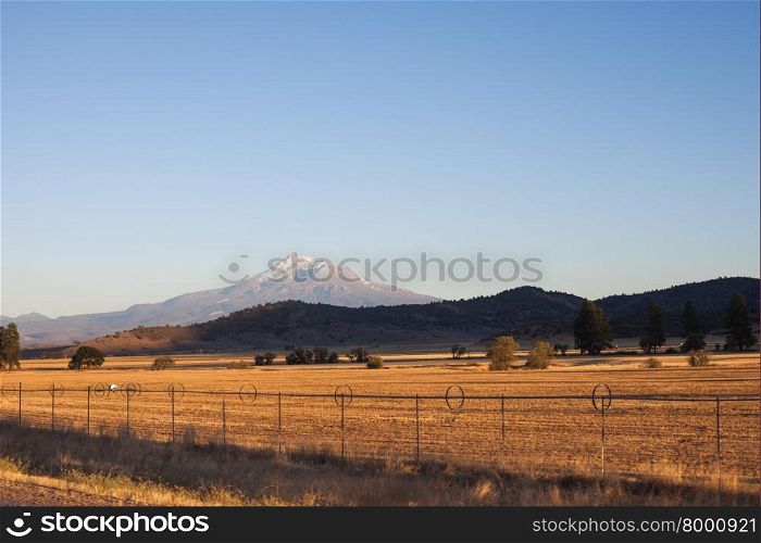 Mount Ranier, Washington and farmland field with irrigation