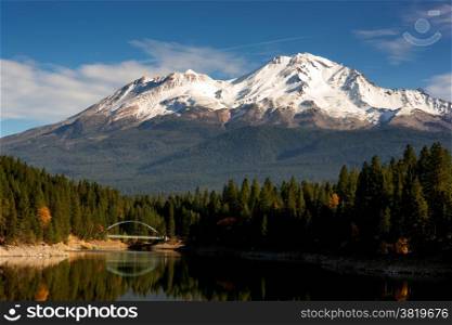 Mount Shasta standing above a lake with the same name