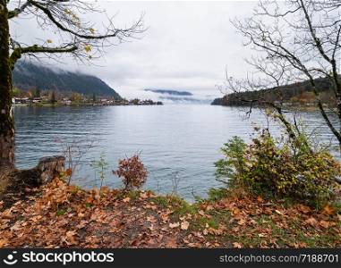 Mountain alpine autumn overcast evening lake Walchensee view, Kochel, Bavaria, Germany. Picturesque traveling, seasonal and nature beauty concept scene.