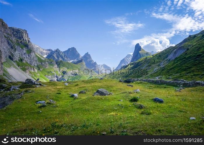 Mountain and pastures landscape in Pralognan la Vanoise. French alps. Mountain and pastures landscape in French alps