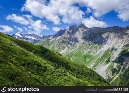 Mountain and pastures landscape in Pralognan la Vanoise. French alps. Mountain and pastures landscape in French alps