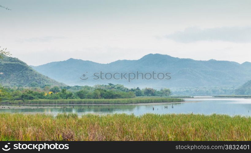 Mountain and sky view around reservoir in Kanchanaburi,Thailand