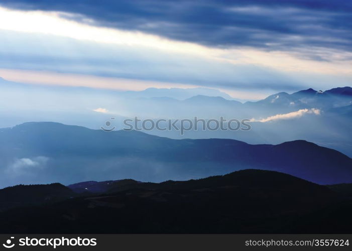 Mountain area at sunrise in Yunnan province, China