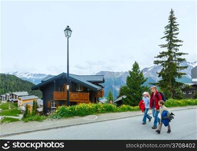 Mountain Bettmeralp village summer view (Switzerland) and family