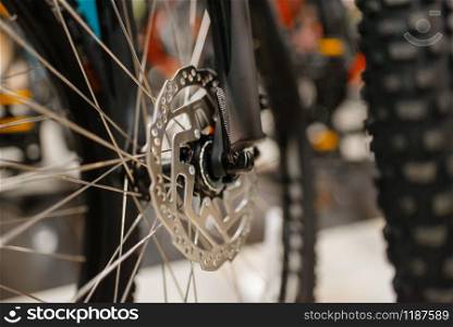 Mountain bicycle in sports shop, focus on disc brake, nobody. Summer active leisure, showcase with bikes, cycle sale, professional biking equipment