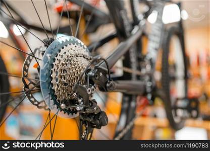 Mountain bike, rear wheel with gear shift system, sports shop, nobody, focus on shifter. Summer active leisure, showcase with bicycles, cycle sale, professional equipment for extreme riding