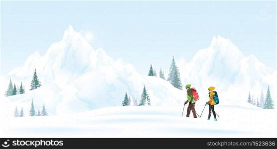Mountain couple climbers with backpacks walking through heavy snow in winter season, Climbing and mountaineering sport, cartoon vector illustration.