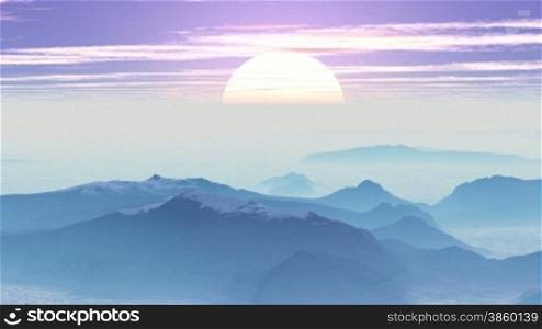 Mountain covered with snow. In the sky blue haze. In the lowlands of white mist. On the horizon of dense fog can see the rising sun. In the blue sky, white clouds. The camera quickly flies towards the sun, everything around turns pink.