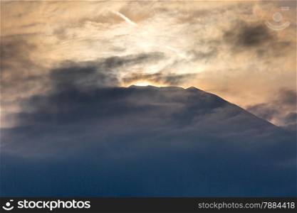 Mountain Fuji Diamond sunset at Lake Yamanaka in winter
