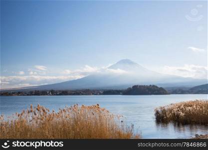 Mountain Fuji fujisan from Kawaguchigo lake with field in foreground at Yamanashi Japan