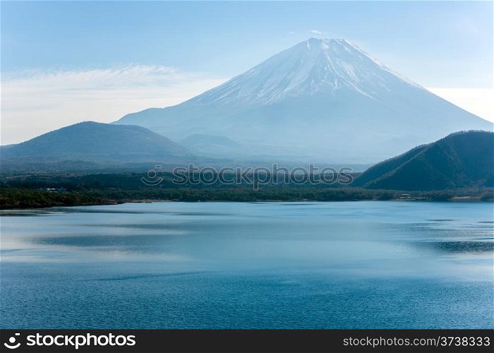 Mountain Fuji fujisan with Motosu lake at Yamanashi Japan