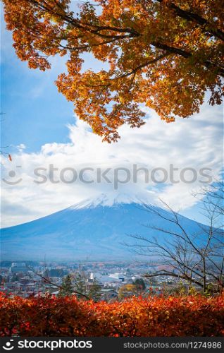 Mountain Fuji in cloudy day from Yamanashi, Shimoyoshida - Chureito pagoda in Autumn season