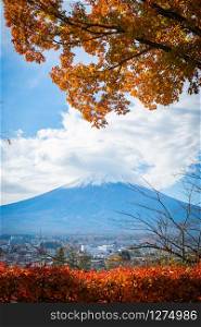 Mountain Fuji in cloudy day from Yamanashi, Shimoyoshida - Chureito pagoda in Autumn season