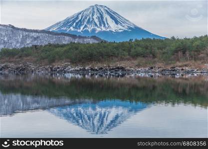 Mountain Fuji in the background of cloudy sky and reflection, Japan