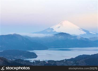 Mountain Fuji in winter sunrise at Hakone Lake