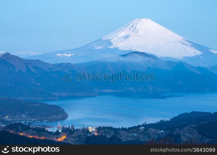 Mountain Fuji in winter sunrise at Hakone Lake