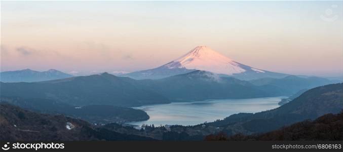 Mountain Fuji in winter sunrise at Hakone Lake panoramic