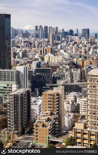 Mountain Fuji with Tokyo skylines and skyscrapers buildings in Shinjuku ward in Tokyo. Taken from Tokyo Bunkyo civic center observatory sky desk.