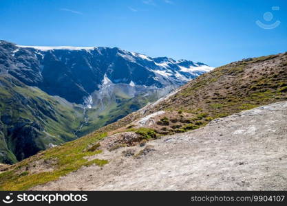 Mountain glaciers landscape view from the Petit Mont Blanc summit in Pralognan la Vanoise, French alps. Mountain glaciers landscape view from the Petit Mont Blanc in Pralognan la Vanoise, French alps