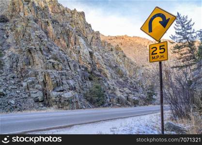 mountain highway with sharp turnings - Poudre River canyon in Rocky Mountains in northern Colorado, winter scenery