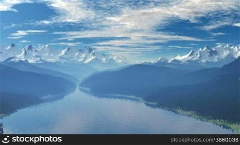 Mountain hills covered with dense forest. Between them flows the river meanders. In the distance, mountain peaks covered with snow. Blue mist over the hills. In the sky, white clouds. Day. It&acute;s sunny. The camera quickly flies over the river.