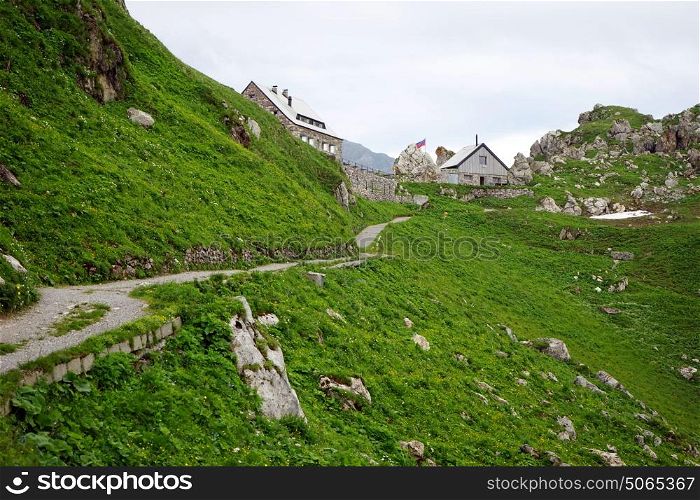 Mountain hut on the range in mountain area of Lichtenstein