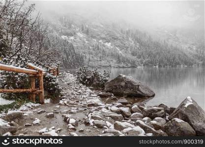 mountain lake in winter. side view. Morske Oko. mountain lake in winter. side view. Morske Oko. Poland