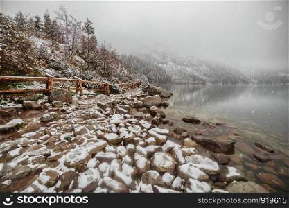 mountain lake in winter. side view. Morske Oko. mountain lake in winter. side view. Morske Oko. Poland