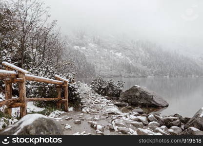 mountain lake in winter. side view. Morske Oko. mountain lake in winter. side view. Morske Oko. Poland