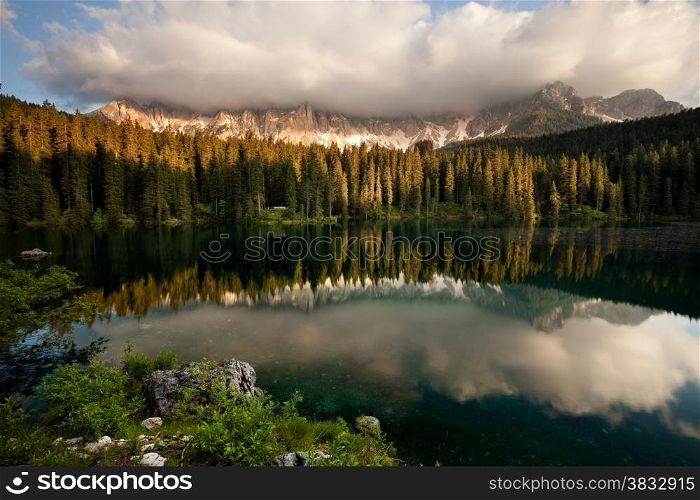 Mountain lake, Lago di Carezza, Dolomites Alps, Italy