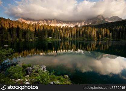 Mountain lake, Lago di Carezza, Dolomites Alps, Italy