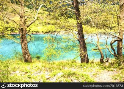 Mountain lake view through autumn trees - Painting effect. Mountain Lake View - Painting effect
