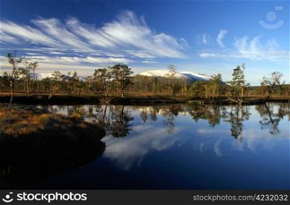 Mountain lake with blue sky and clear water