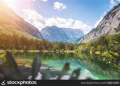 Mountain lake with mountain silhouette in background, Bluntautal, summer time