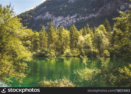 Mountain lake with mountain silhouette in background, Bluntautal, summer time