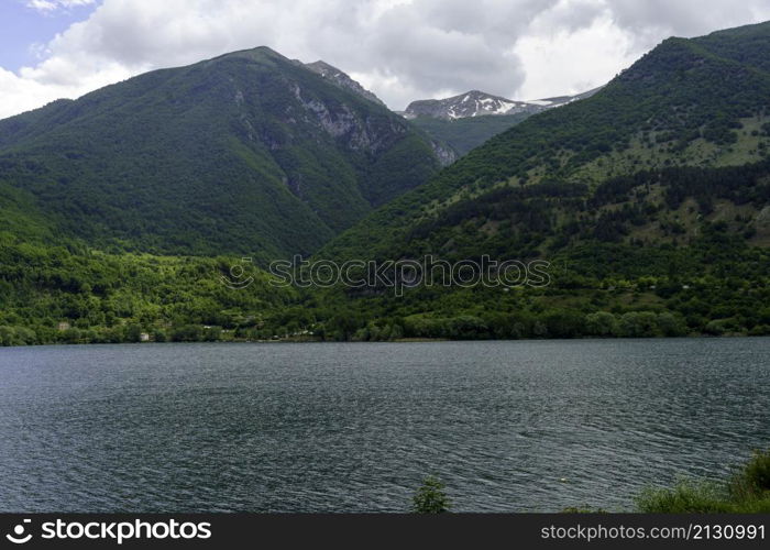 Mountain landscape along the road of Gole del Sagittario, famous canyon in Abruzzo, Italy, L Aquila province. Lake of Scanno