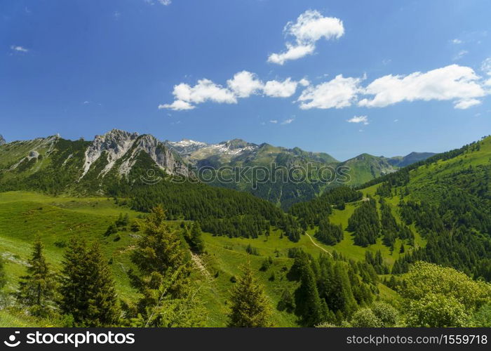 Mountain landscape along the road to Crocedomini pass, in the Brescia province, Lombardy, Italy, at summer.